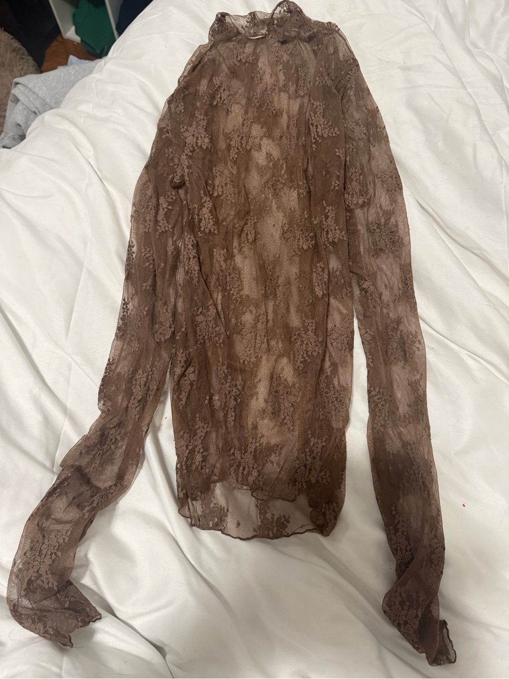 Free People Sheer Brown Lace Mock-Neck Blouse